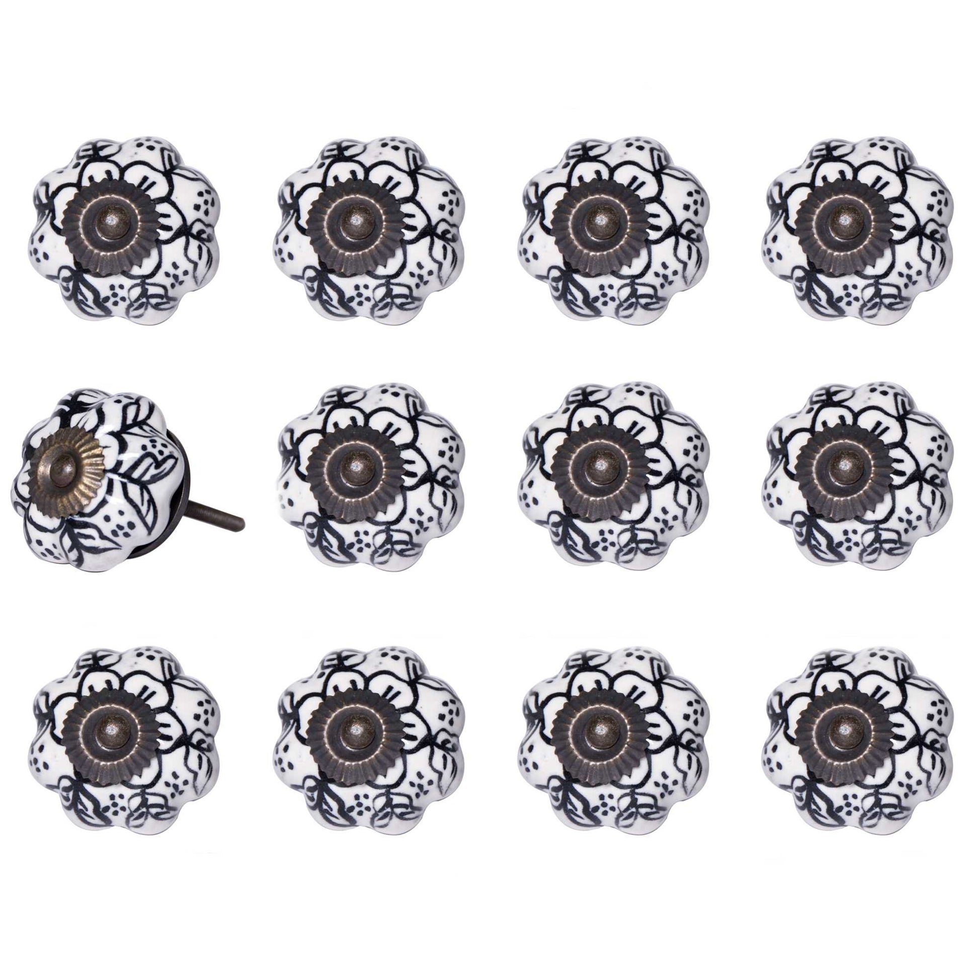Set of Twelve Black And White Floral Ceramic Drawer Pull Knobs-3