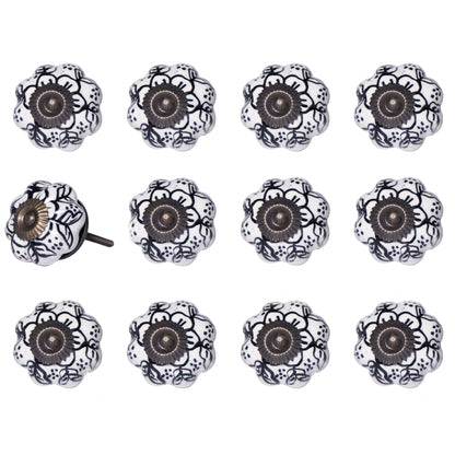 Set of Twelve Black And White Floral Ceramic Drawer Pull Knobs-3