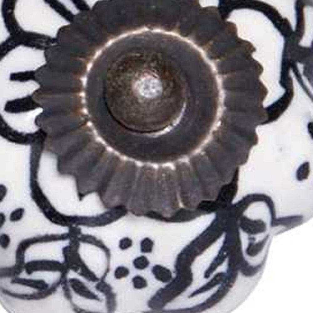 Set of Twelve Black And White Floral Ceramic Drawer Pull Knobs-5