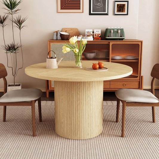 Round Dining Table for 4, Modern Farmhouse Kitchen Table, 47 Inch Small Circle Dining Tables with Wood Strip Base for Kitchen Living Room (Natural)-0