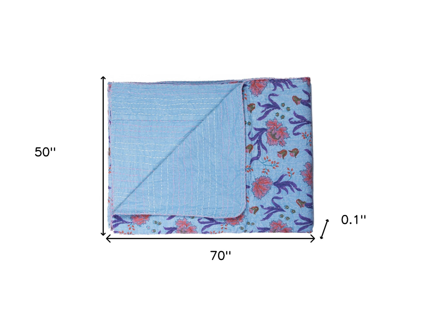 50" X 70" Blue and Purple Kantha Cotton Floral Throw Blanket with Embroidery-5