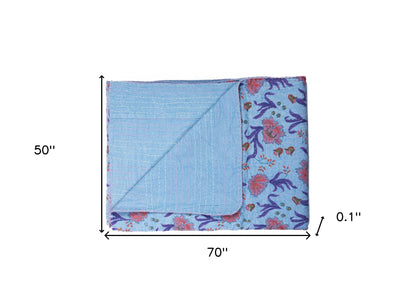 50" X 70" Blue and Purple Kantha Cotton Floral Throw Blanket with Embroidery-5