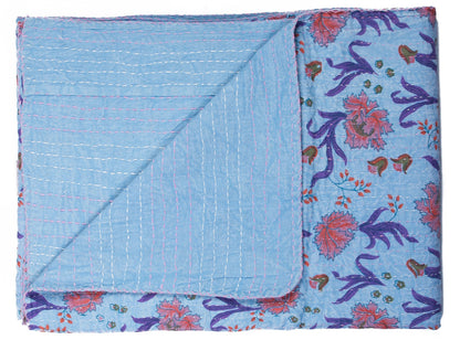50" X 70" Blue and Purple Kantha Cotton Floral Throw Blanket with Embroidery-0