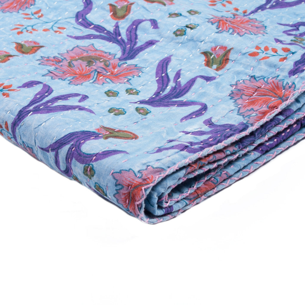 50" X 70" Blue and Purple Kantha Cotton Floral Throw Blanket with Embroidery-3