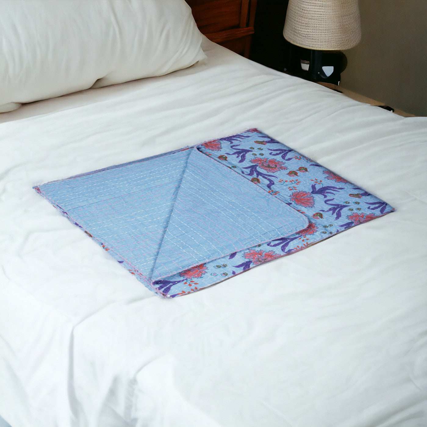 50" X 70" Blue and Purple Kantha Cotton Floral Throw Blanket with Embroidery-1