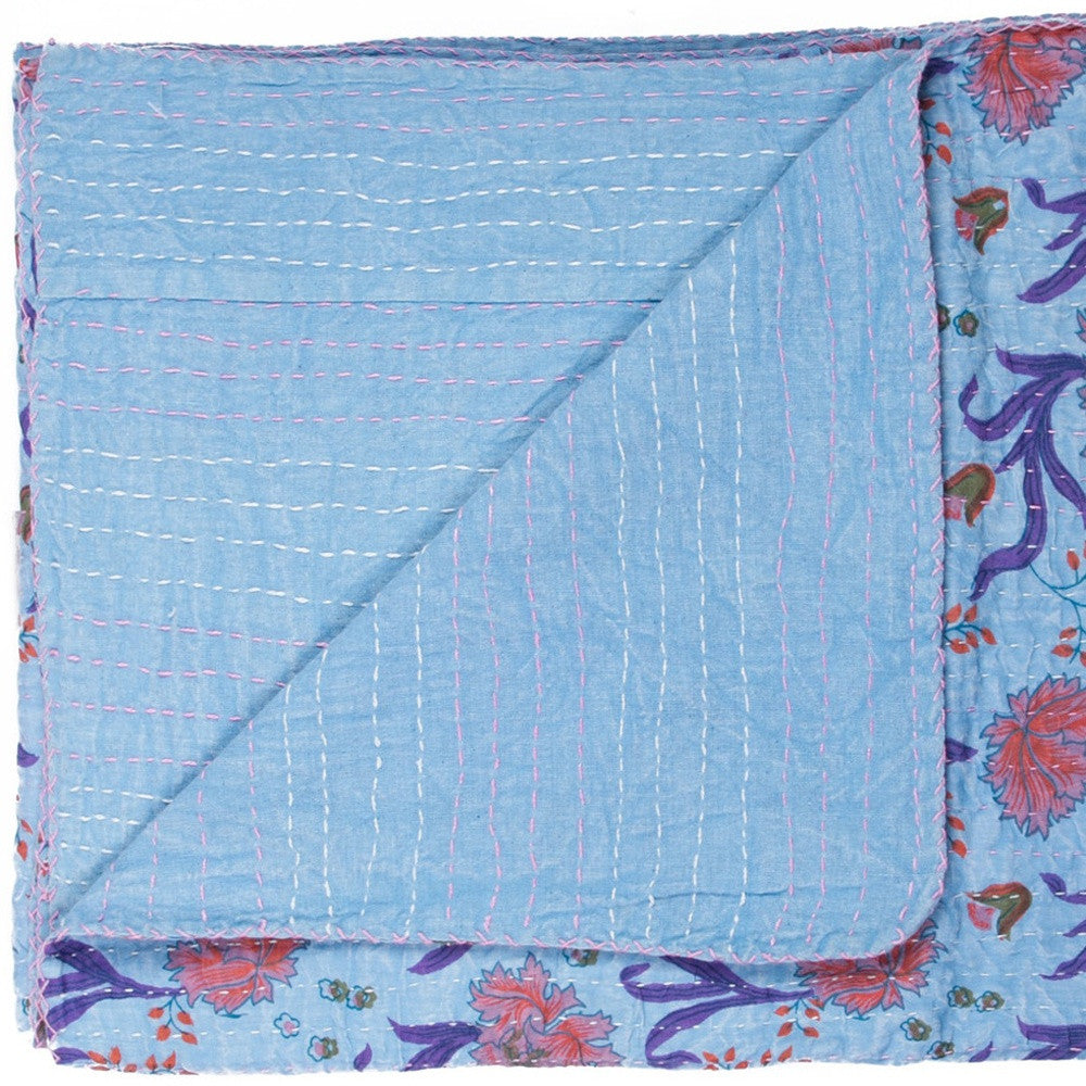 50" X 70" Blue and Purple Kantha Cotton Floral Throw Blanket with Embroidery-2