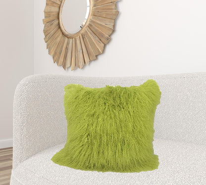 24" Lime Green Genuine Tibetan Lamb Fur Pillow With Microsuede Backing-1