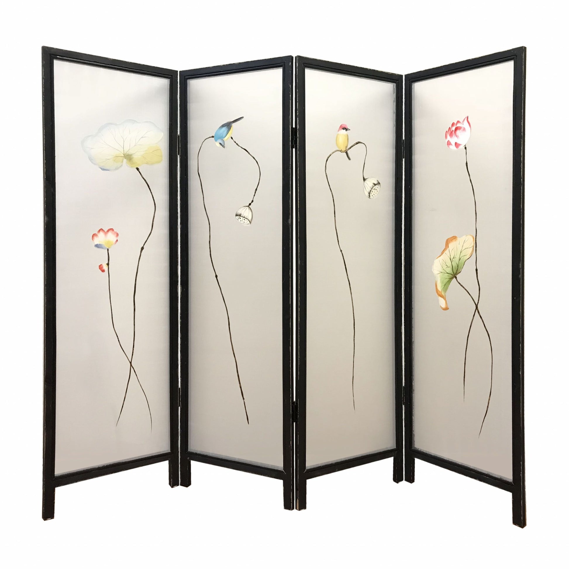 63" Black and White Fabric Folding Four Panel Screen Room Divider-1
