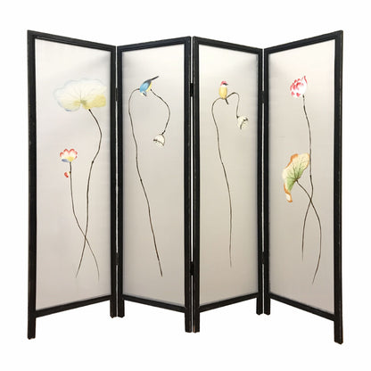 63" Black and White Fabric Folding Four Panel Screen Room Divider-1
