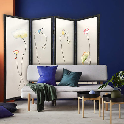 63" Black and White Fabric Folding Four Panel Screen Room Divider-3