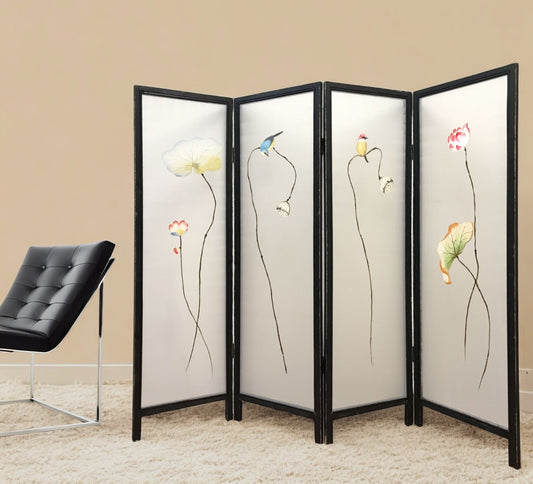 63" Black and White Fabric Folding Four Panel Screen Room Divider-0