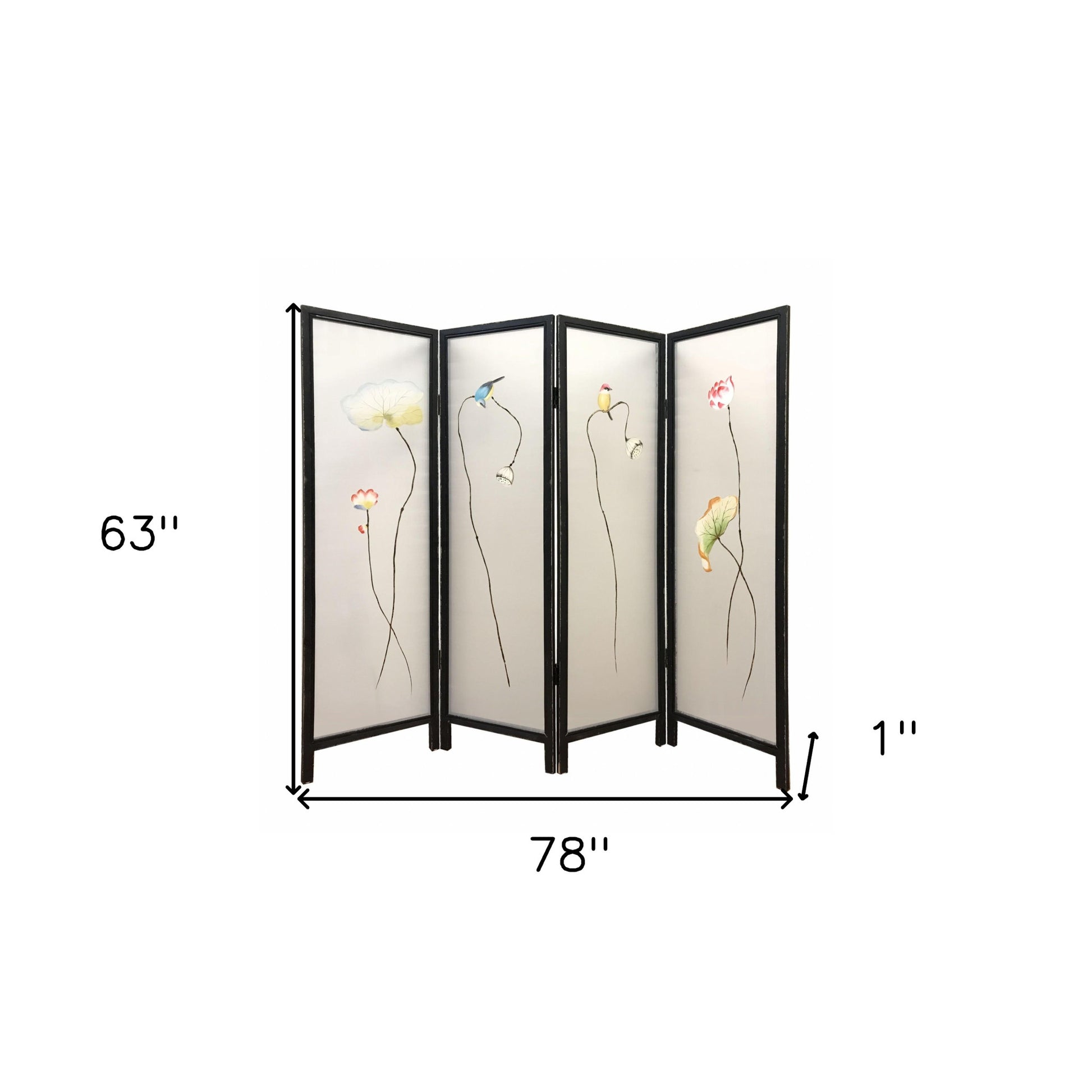 63" Black and White Fabric Folding Four Panel Screen Room Divider-2