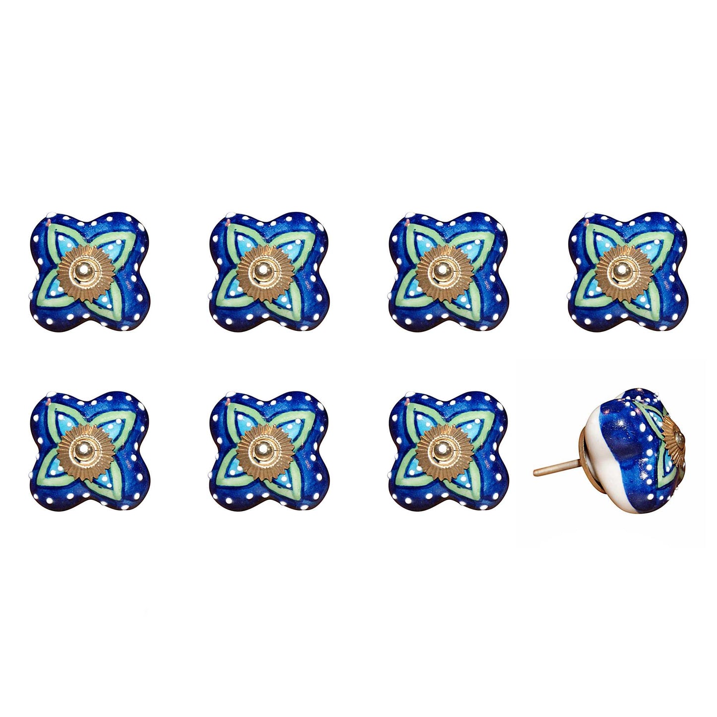 Set of Eight Blue And Green Floral Ceramic Drawer Pull Knobs-1