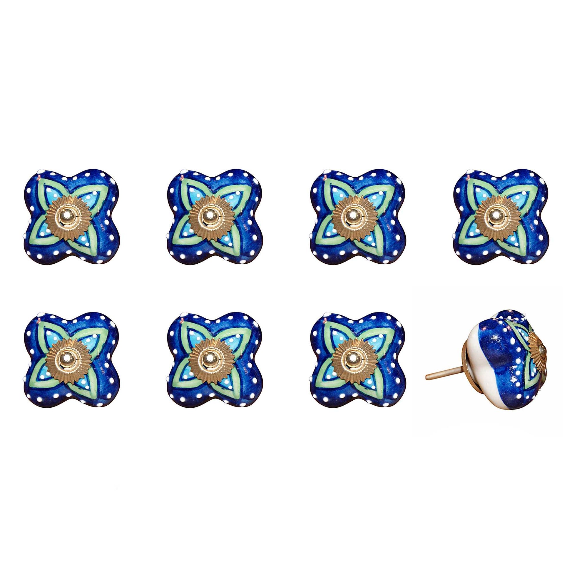 Set of Eight Blue And Green Floral Ceramic Drawer Pull Knobs-1