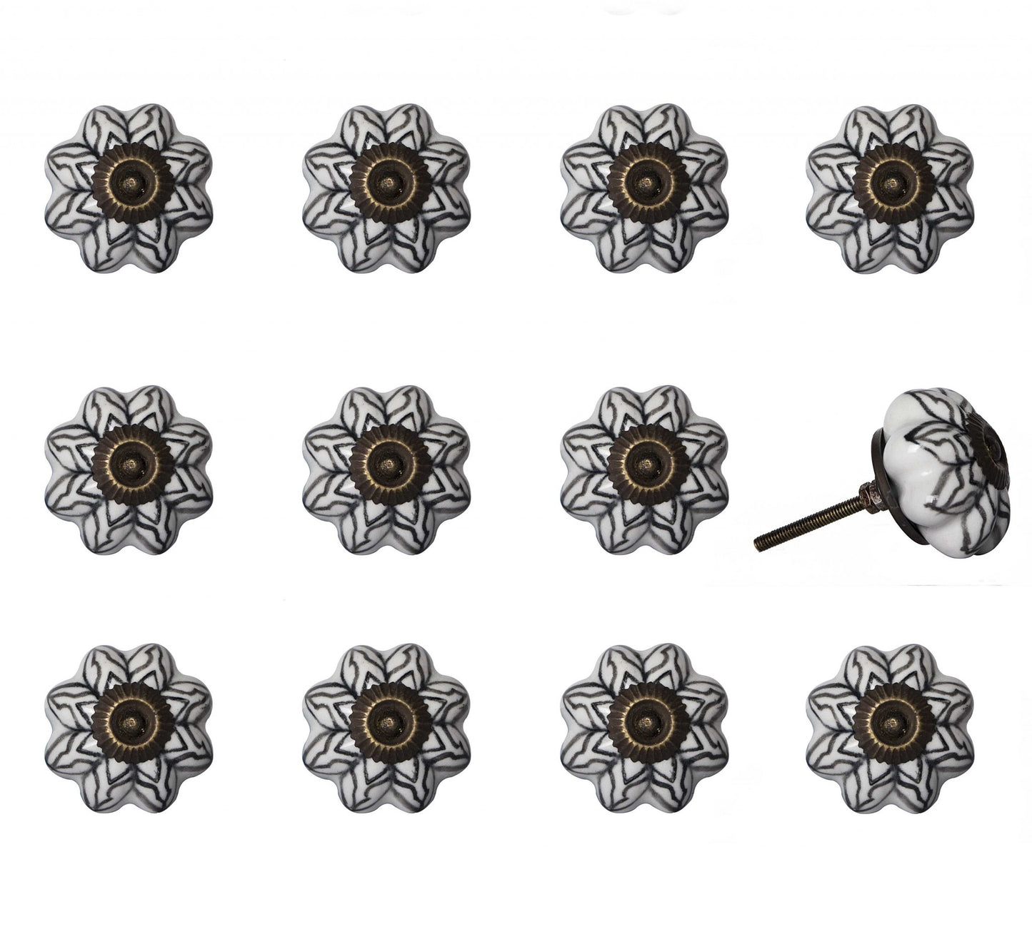 Set of Twelve Black And White Floral Ceramic Drawer Pull Knobs-1