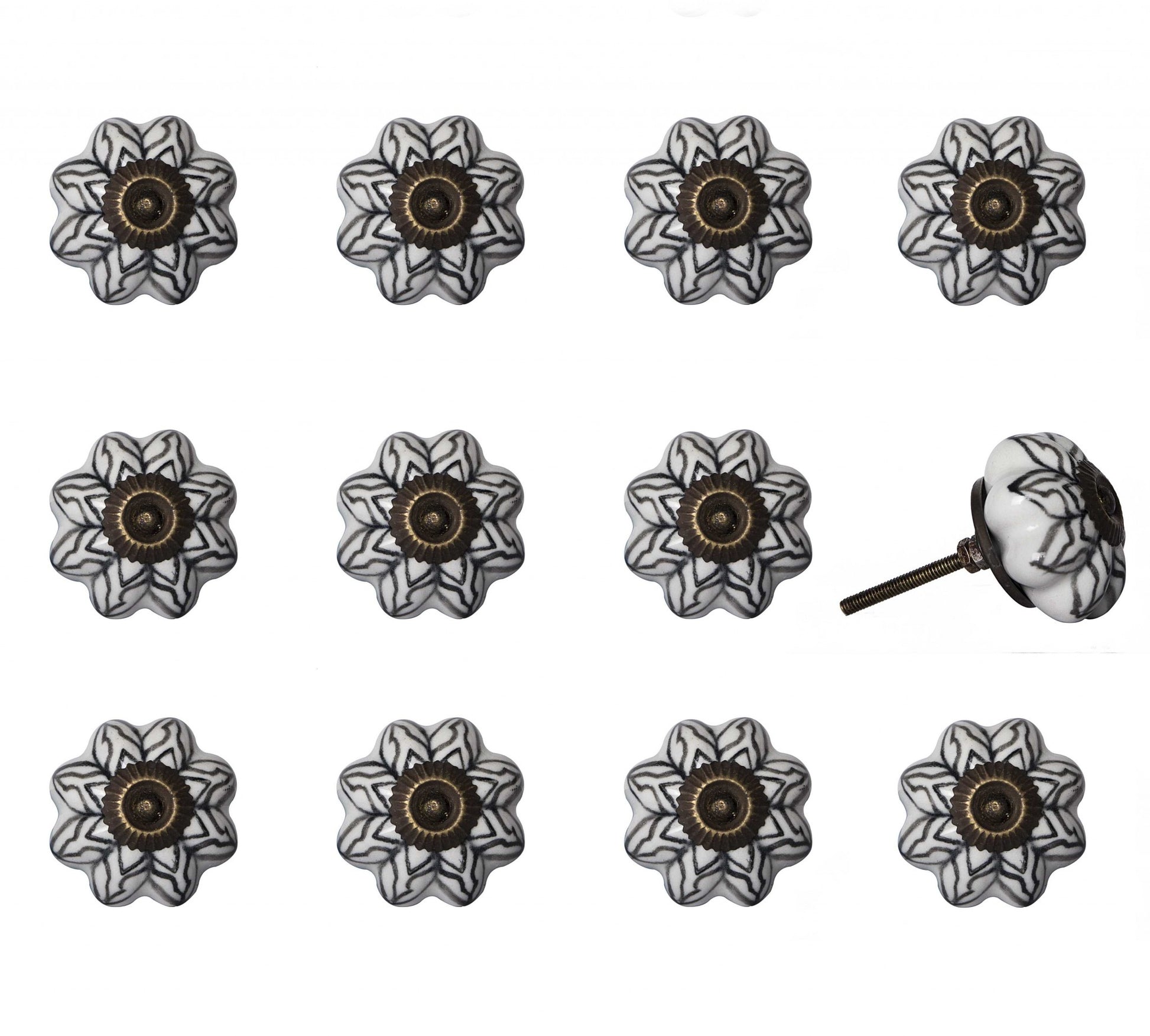 Set of Twelve Black And White Floral Ceramic Drawer Pull Knobs-1