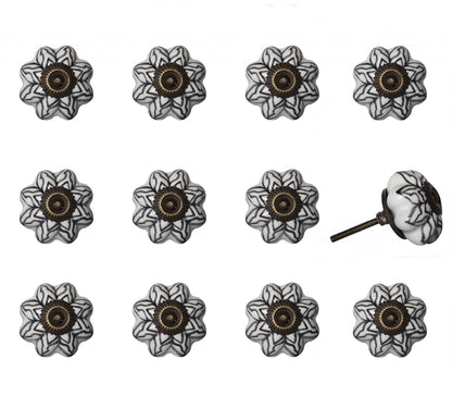 Set of Twelve Black And White Floral Ceramic Drawer Pull Knobs-1