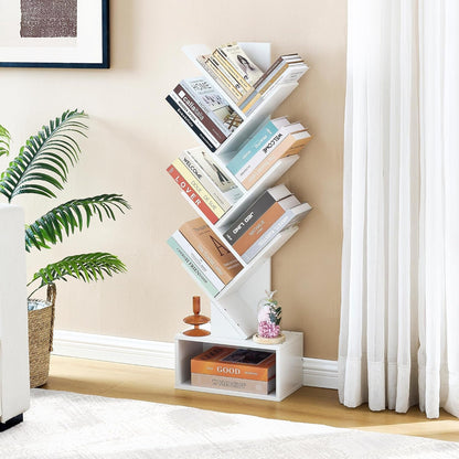 6 Tier Tree Bookshelf, Tall Bookcase with Drawer, Freestanding Book Shelf, Display Floor Standing Storage Shelf, Book Organizer Shelves for Home Office, Living Room, Bedroom, White-4