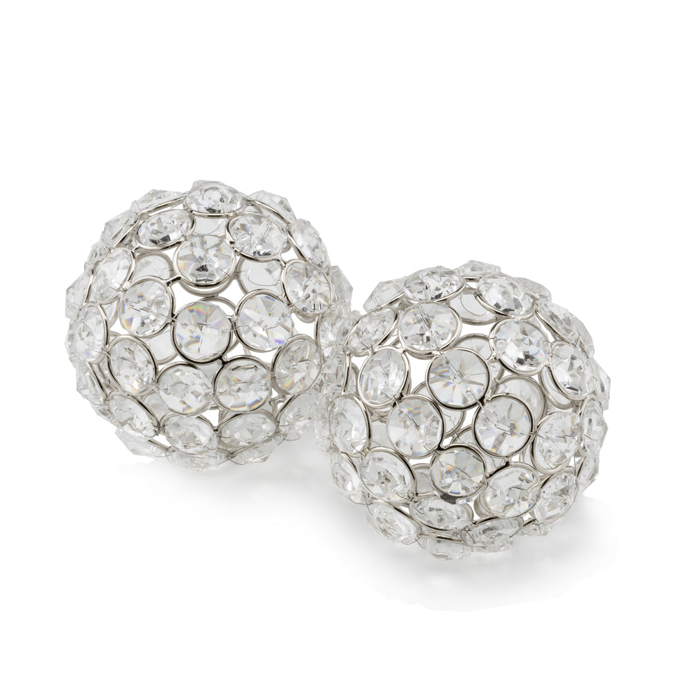 Set of Two Silver And Clear Faux Crystal And Metal Orb Decorative Tabletop Sculptures-1