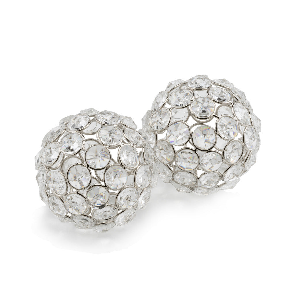 Set of Two Silver And Clear Faux Crystal And Metal Orb Decorative Tabletop Sculptures-2