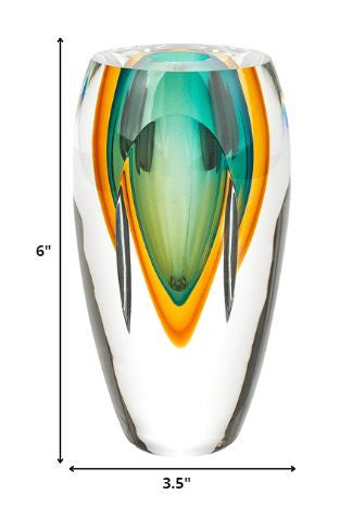 6" Clear Amber and Green Abstract Murano Glass Table Vase-7