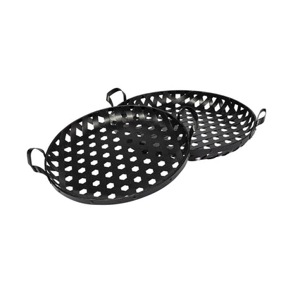 Set of Two Black Round Metal Indoor Outdoor Tray With Handles-1