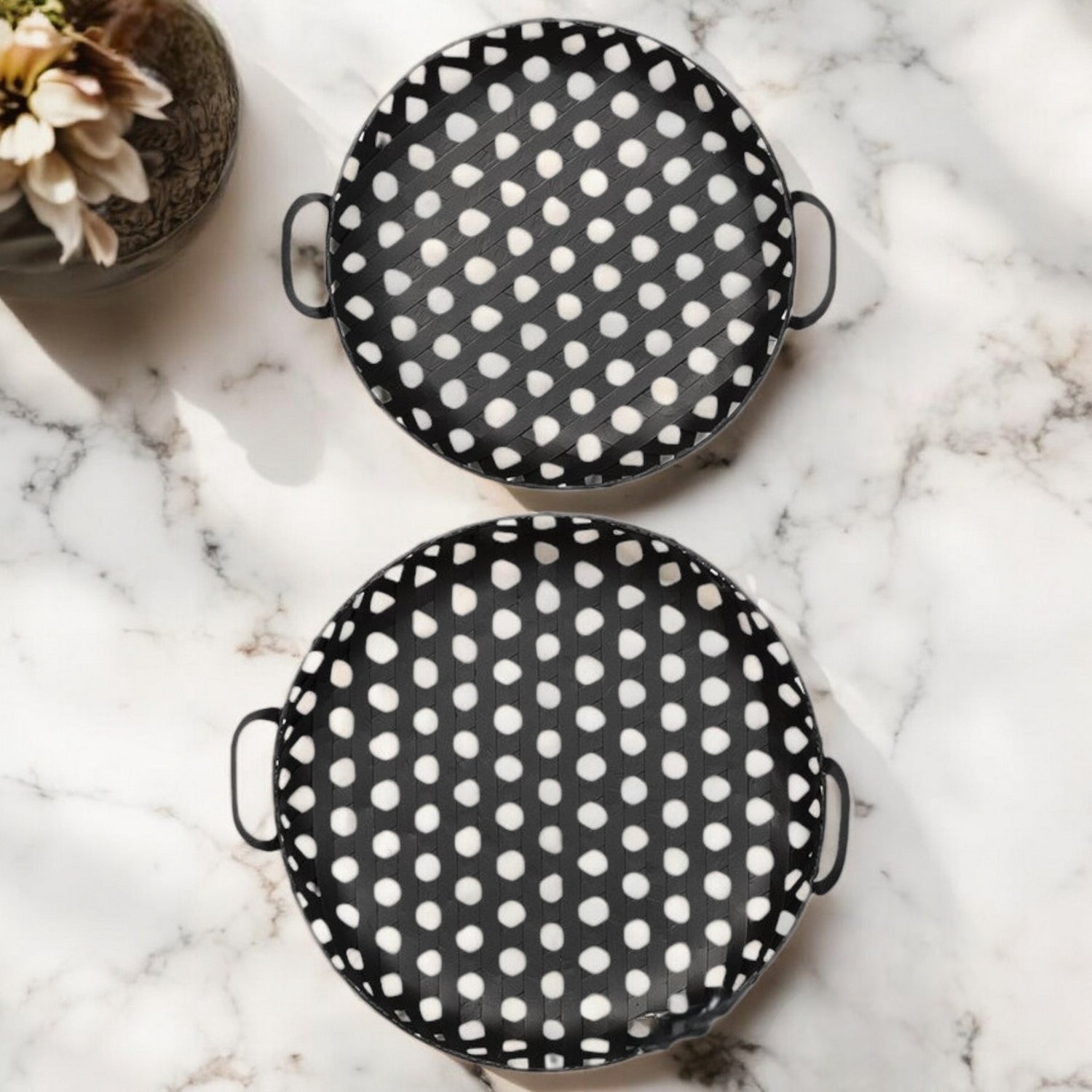 Set of Two Black Round Metal Indoor Outdoor Tray With Handles-0
