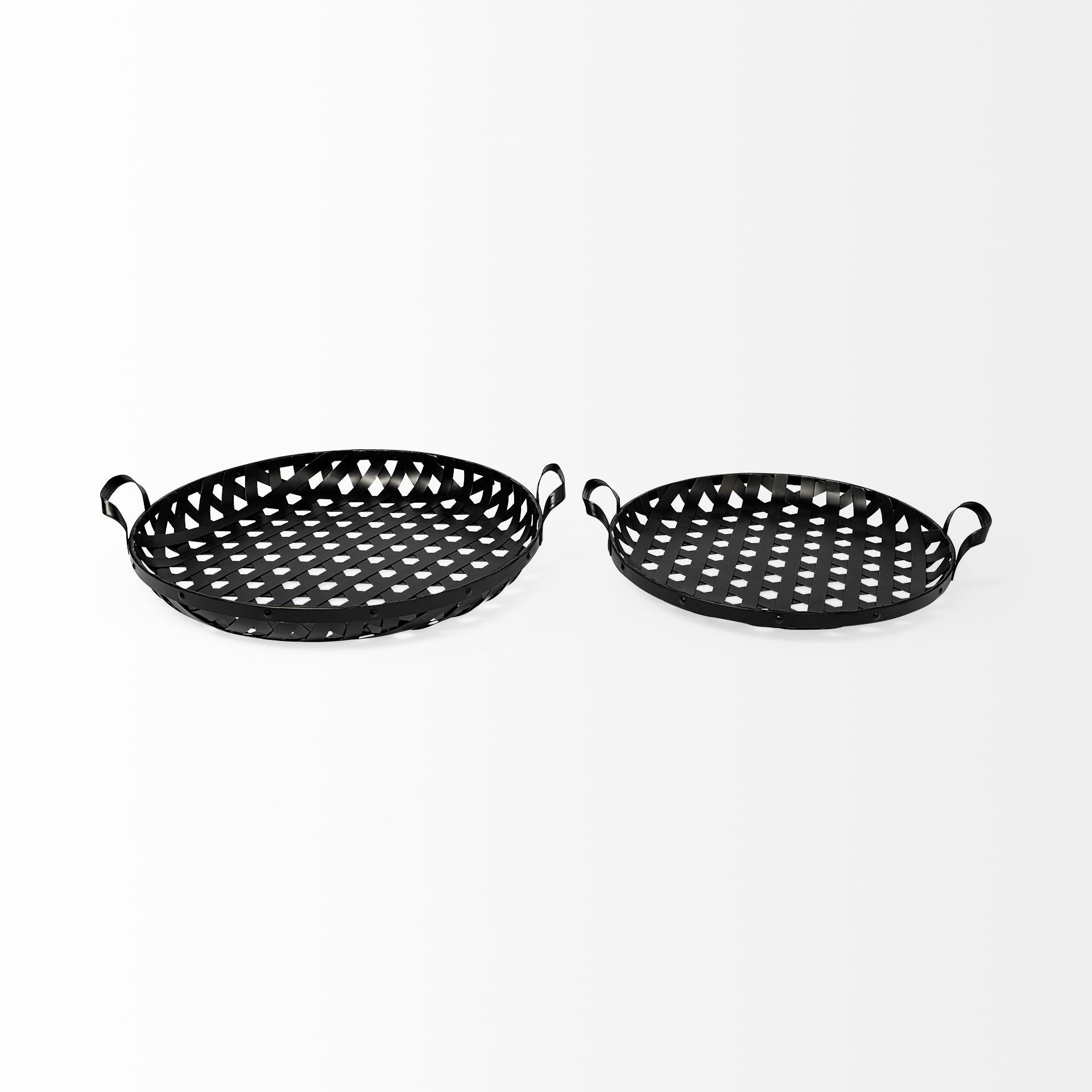Set of Two Black Round Metal Indoor Outdoor Tray With Handles-3