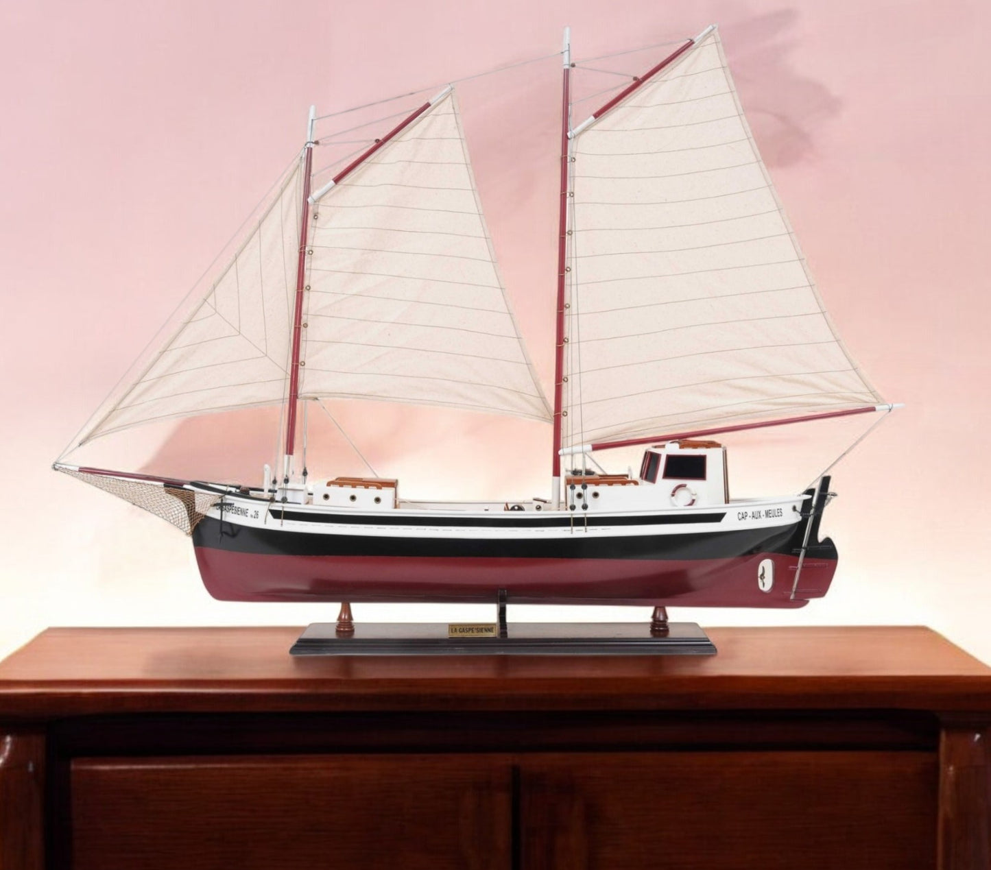 31" Black and White Solid Wood Hand Painted Model Boat Tabletop Sculpture-1