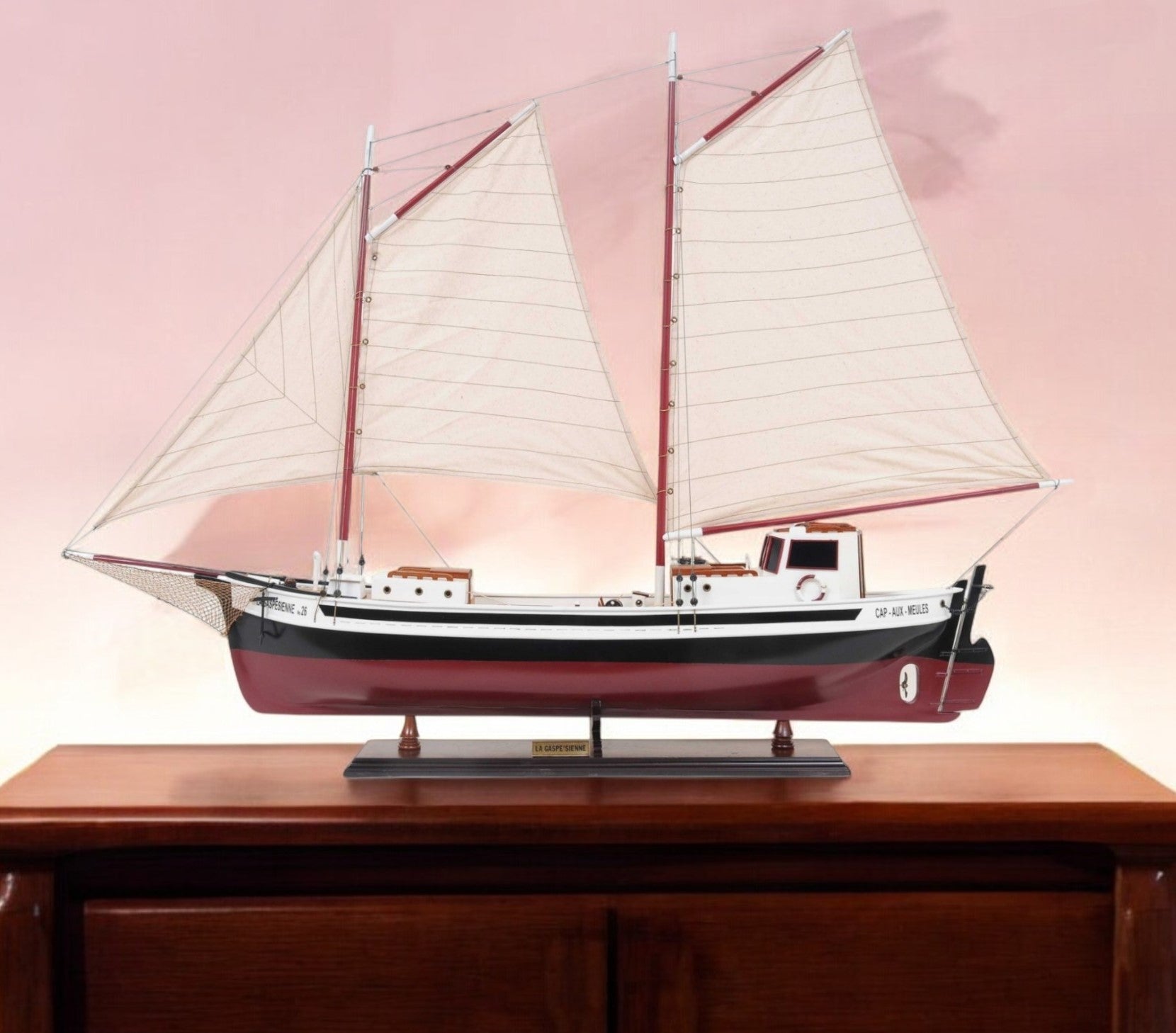 31" Black and White Solid Wood Hand Painted Model Boat Tabletop Sculpture-1