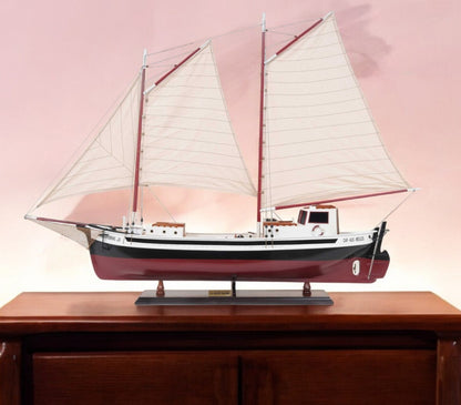 31" Black and White Solid Wood Hand Painted Model Boat Tabletop Sculpture-1