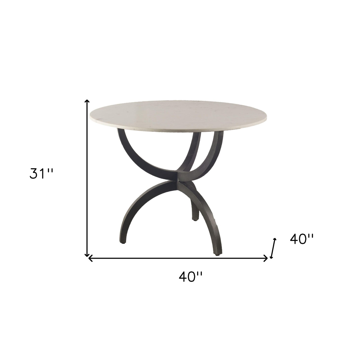 40" Off White And Black Rounded Marble And Metal Three Leg Base Dining Table-4