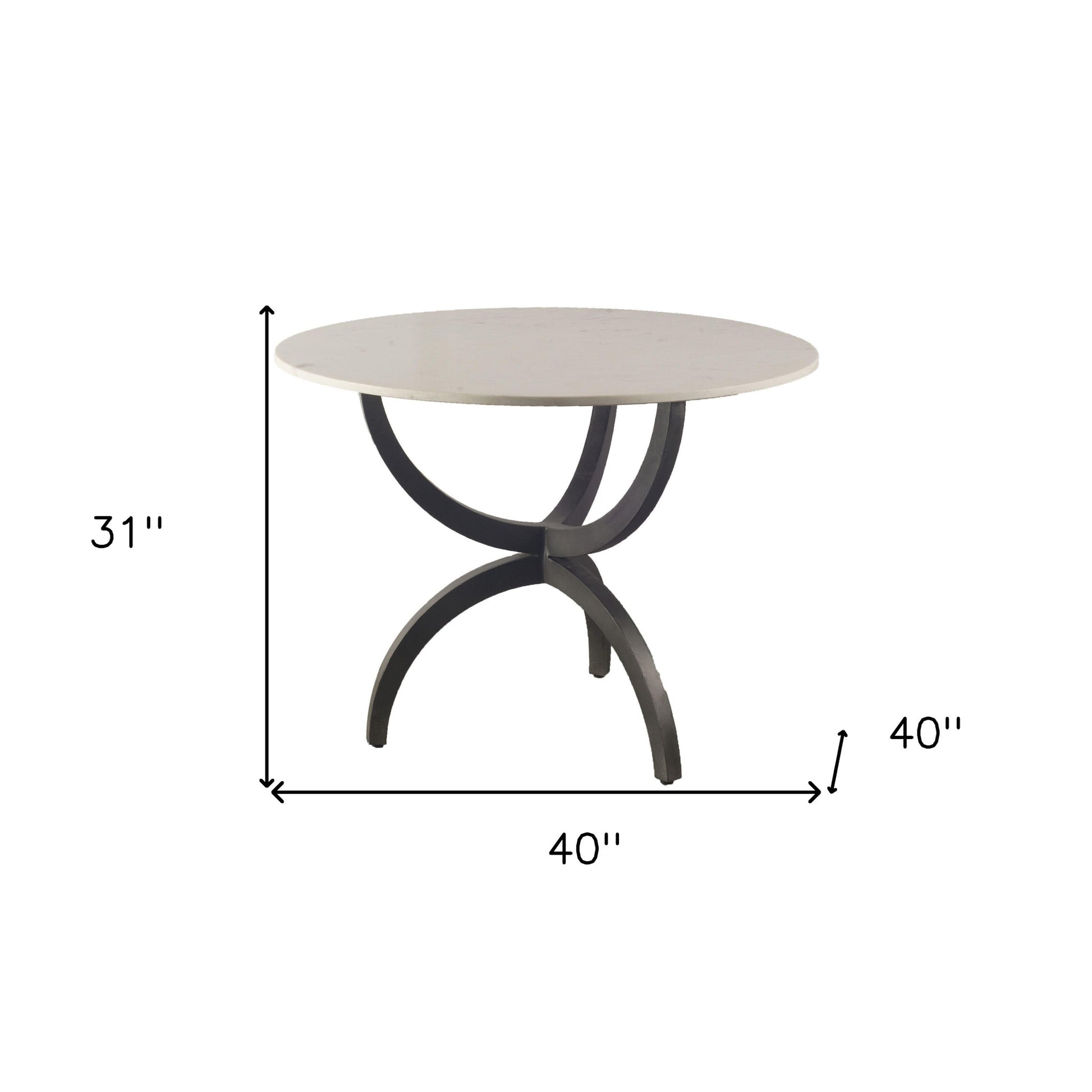40" Off White And Black Rounded Marble And Metal Three Leg Base Dining Table-4