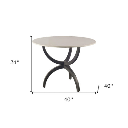 40" Off White And Black Rounded Marble And Metal Three Leg Base Dining Table-4