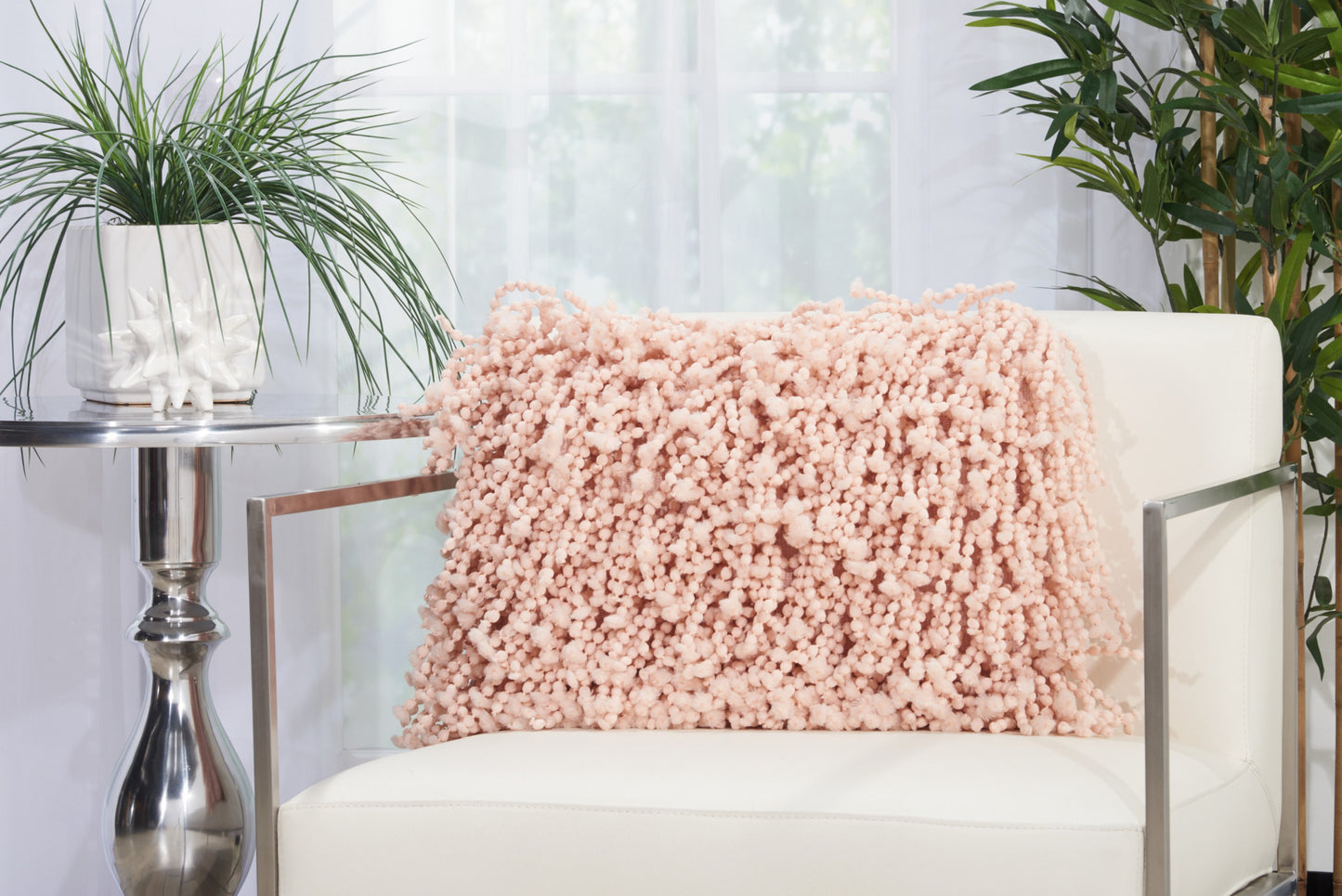 14" X 20" Pale Pink Shaggy Beads Lumbar Throw Pillow-5