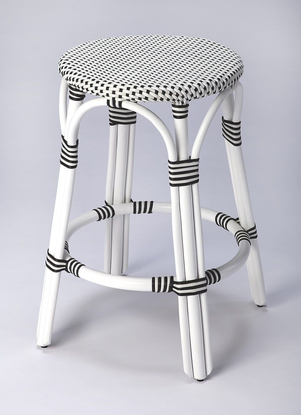 24" Black and White Rattan Backless Counter Height Bar Chair-5