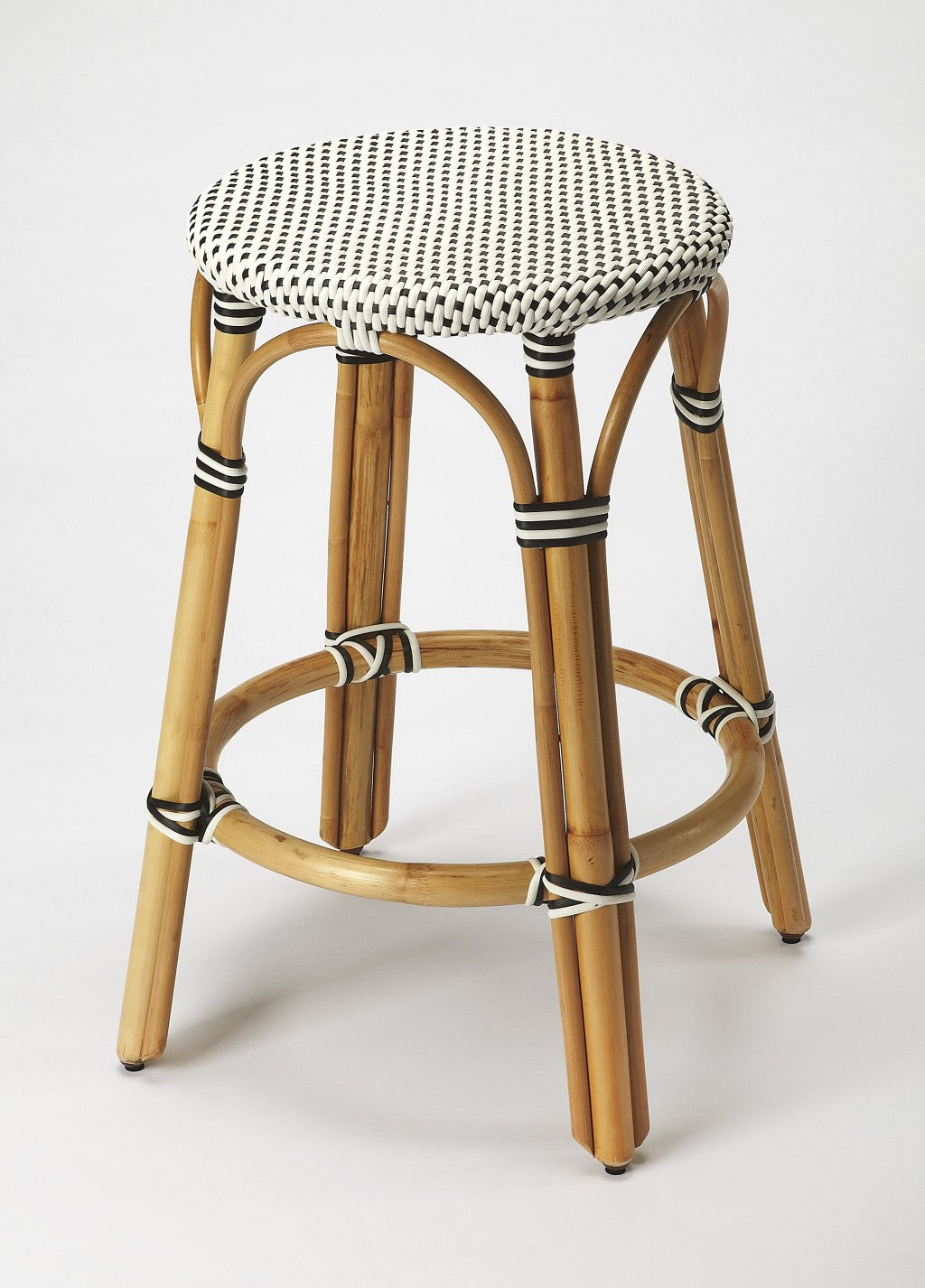 24" Black and White and Natural Heavy Duty Plastic and Rattan Backless Counter Height Bar Chair-6