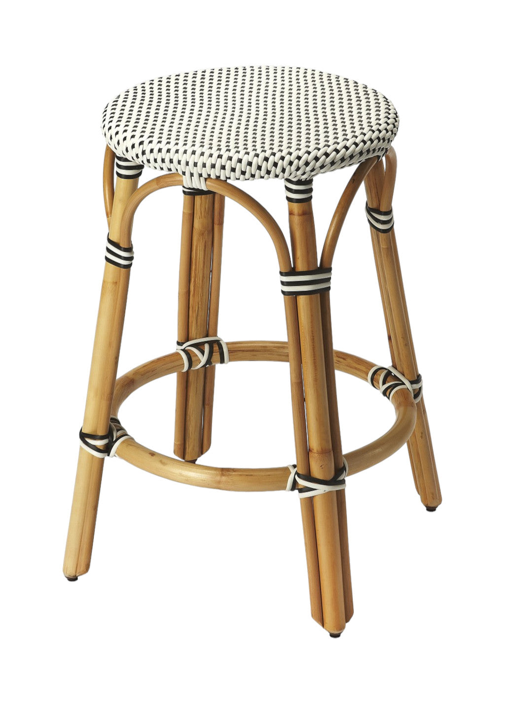 24" Black and White and Natural Heavy Duty Plastic and Rattan Backless Counter Height Bar Chair-1