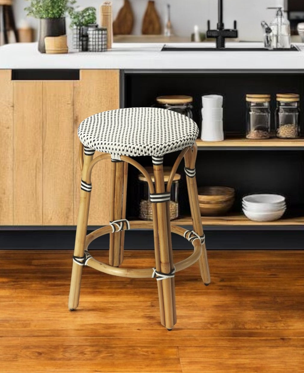 24" Black and White and Natural Heavy Duty Plastic and Rattan Backless Counter Height Bar Chair-0