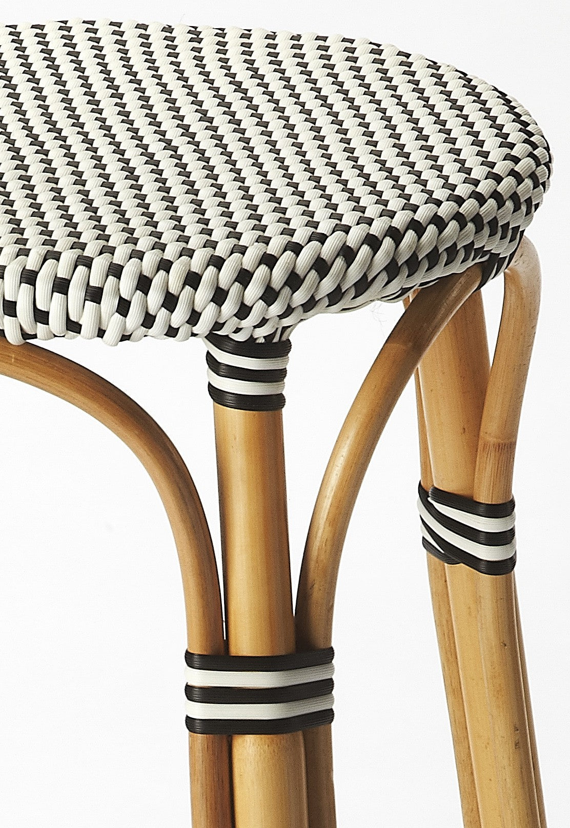 24" Black and White and Natural Heavy Duty Plastic and Rattan Backless Counter Height Bar Chair-3