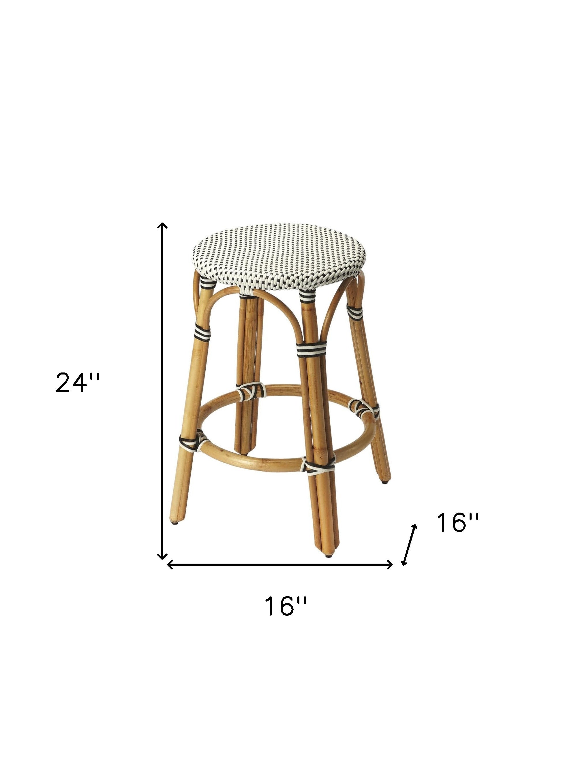 24" Black and White and Natural Heavy Duty Plastic and Rattan Backless Counter Height Bar Chair-5