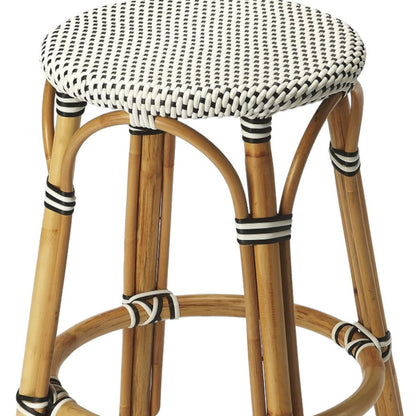 24" Black and White and Natural Heavy Duty Plastic and Rattan Backless Counter Height Bar Chair-4