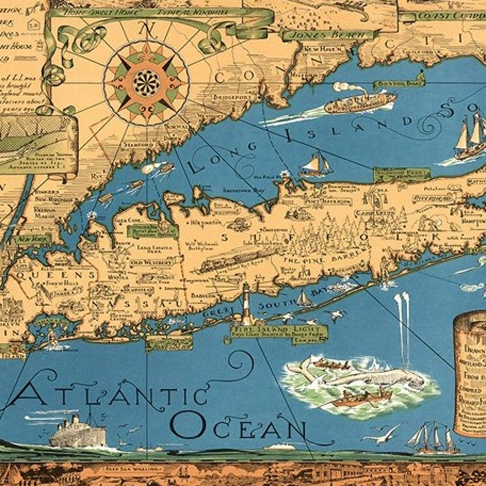 Vintage 1933 Map Of Long Island Unframed Print Wall Art-3