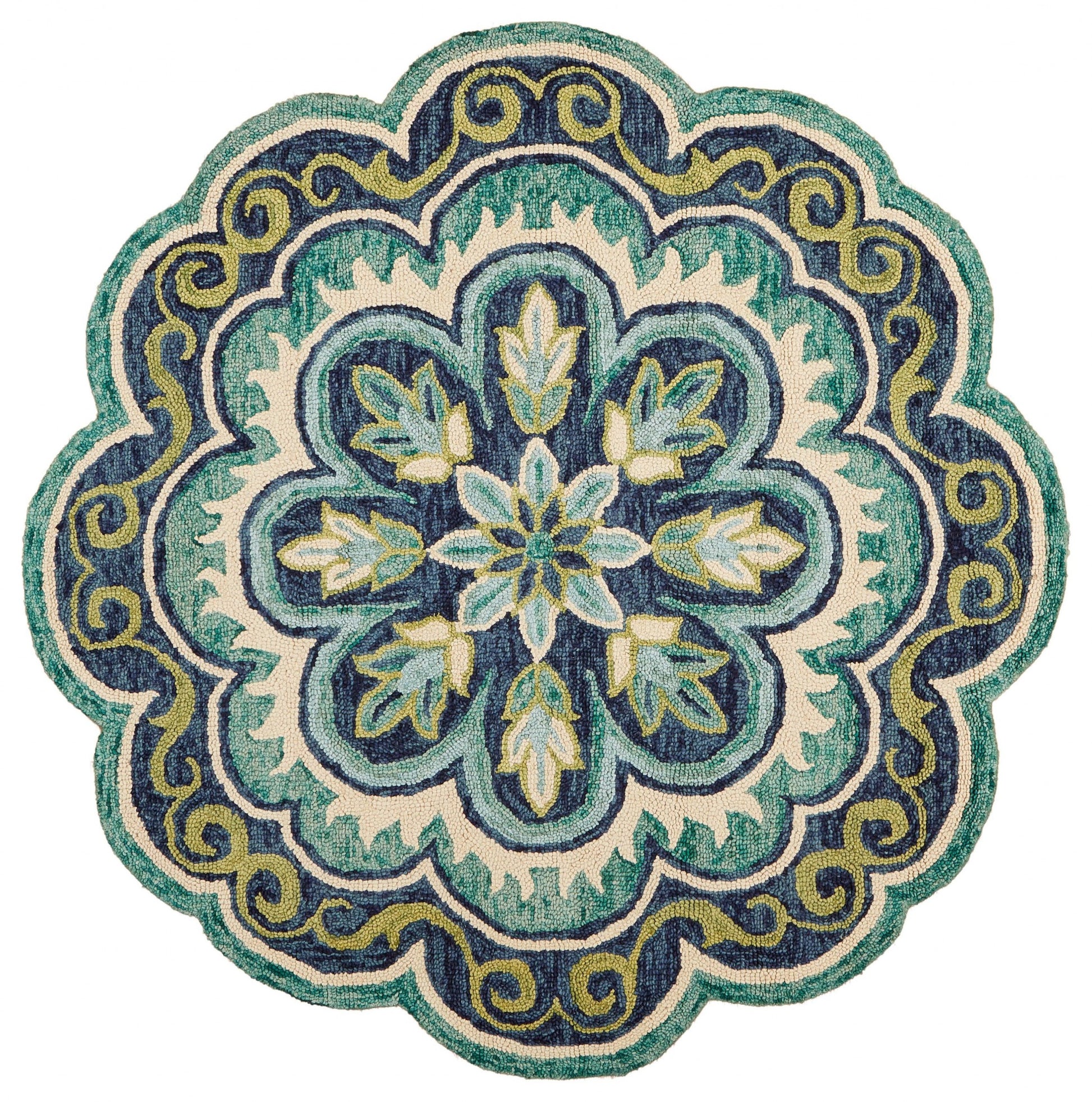 6' Green And Ivory Wool Geometric Hand Tufted Round Rug-0