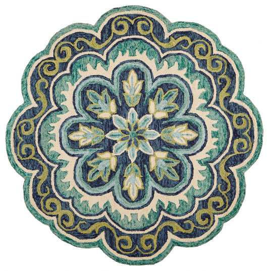 6' Green And Ivory Wool Geometric Hand Tufted Round Rug-0