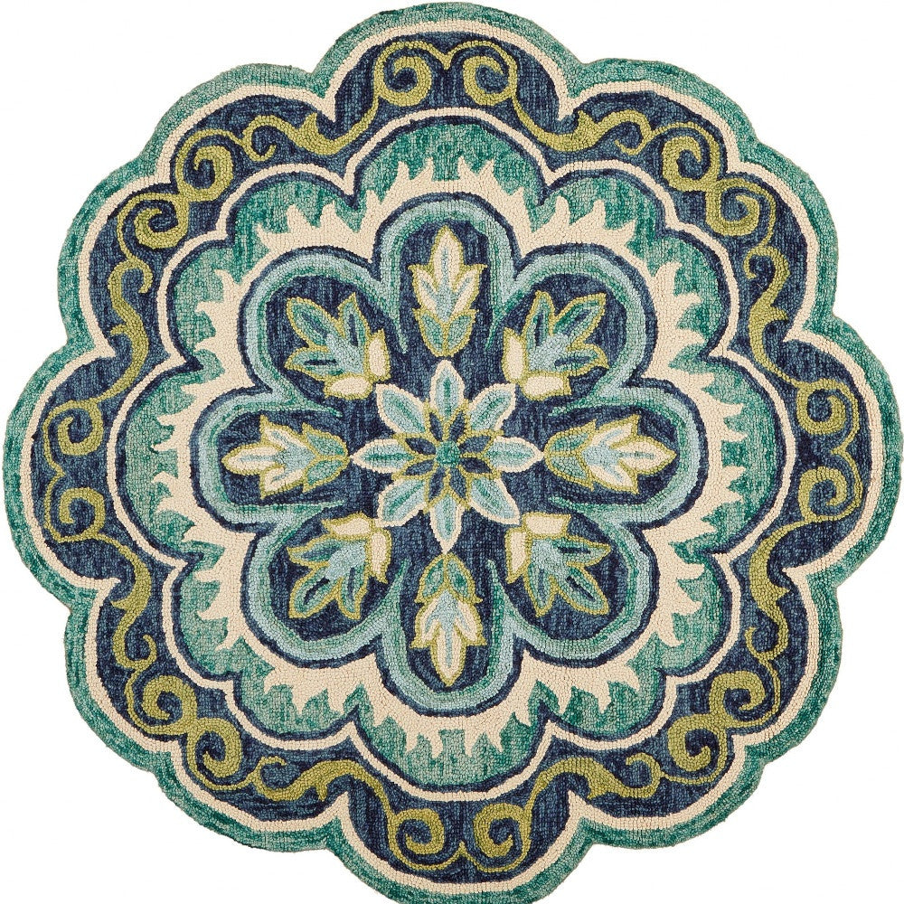 6' Green And Ivory Wool Geometric Hand Tufted Round Rug-3