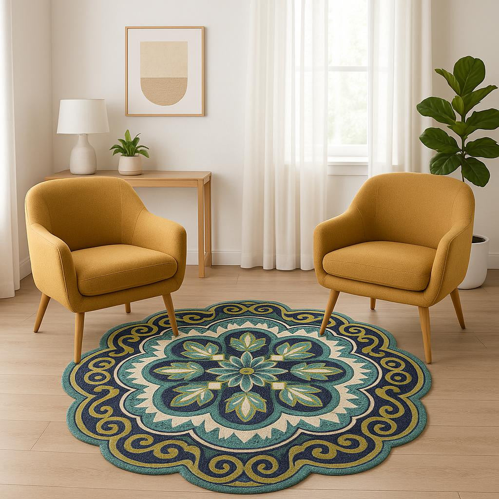 6' Green And Ivory Wool Geometric Hand Tufted Round Rug-1