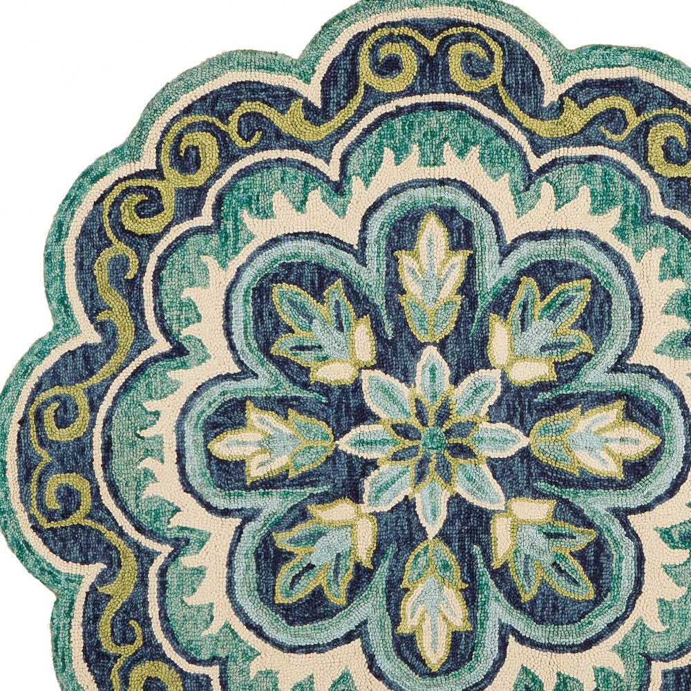6' Green And Ivory Wool Geometric Hand Tufted Round Rug-2