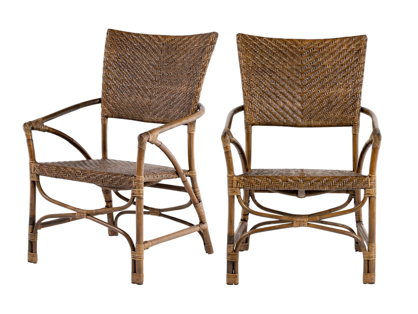 Set of Two Natural Rattan Open Back Dining Arm Chairs-1
