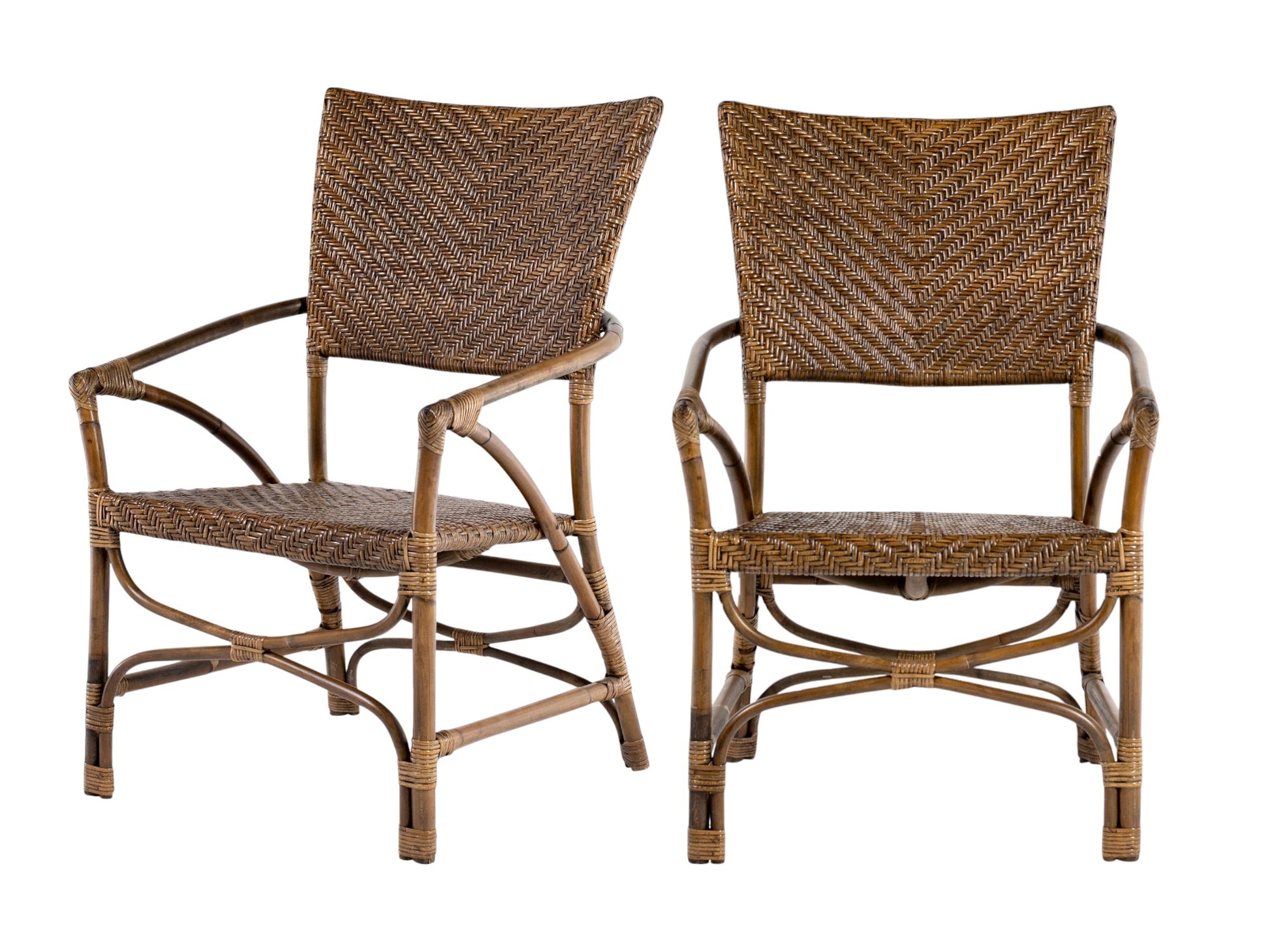 Set of Two Natural Rattan Open Back Dining Arm Chairs-1